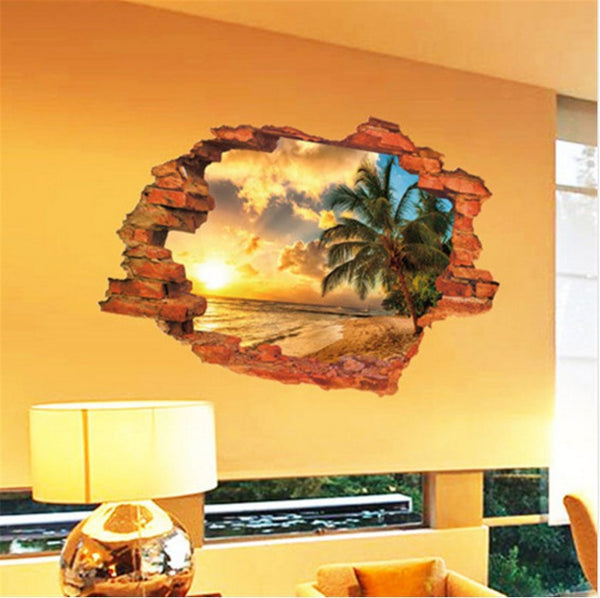 3D Broken Wall Sunset Scenery Wall Stickers