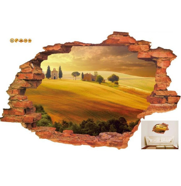 3D Broken Wall Sunset Scenery Wall Stickers