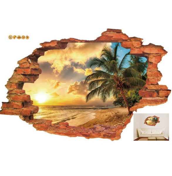 3D Broken Wall Sunset Scenery Wall Stickers