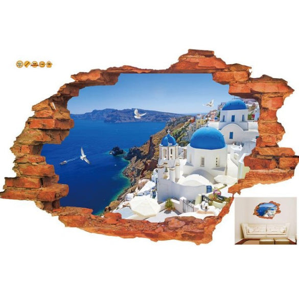 3D Broken Wall Sunset Scenery Wall Stickers